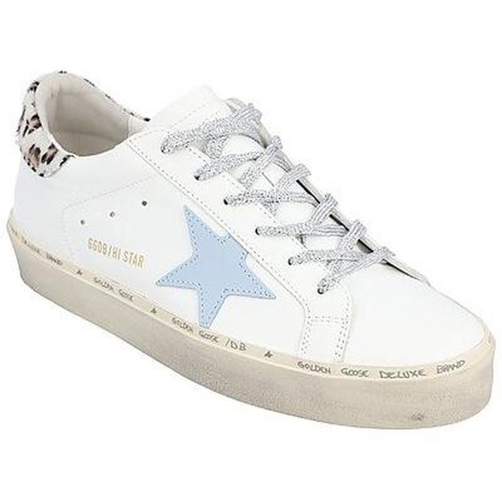 Golden Goose Hi Star Leather & Haircalf Sneaker with light blue star. NEW SALE